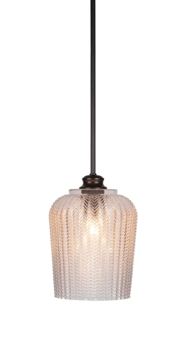 The Cordova pendant combines matte black finish with clear textured glass for a modern industrial aesthetic. Adjustable stem height (15"-60") and sloped ceiling compatibility make it versatile for various spaces.