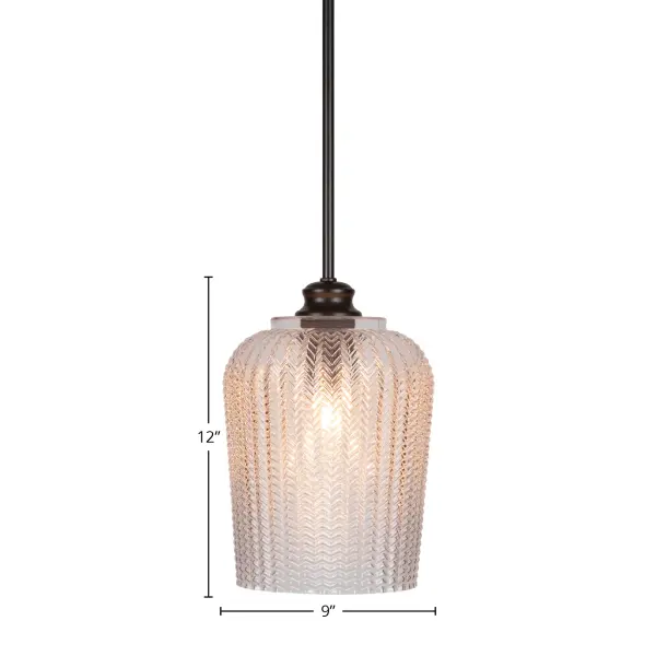 The Cordova pendant combines matte black finish with clear textured glass for a modern industrial aesthetic. Adjustable stem height (15"-60") and sloped ceiling compatibility make it versatile for various spaces. - alternate view