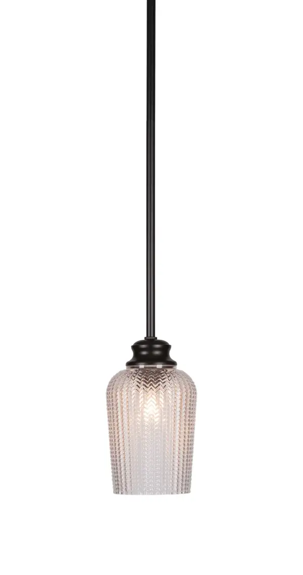 The Cordova pendant combines industrial charm with contemporary style in a compact 5-inch design. Its matte black finish and textured glass create visual interest while the adjustable stem allows customization for various ceiling heights.