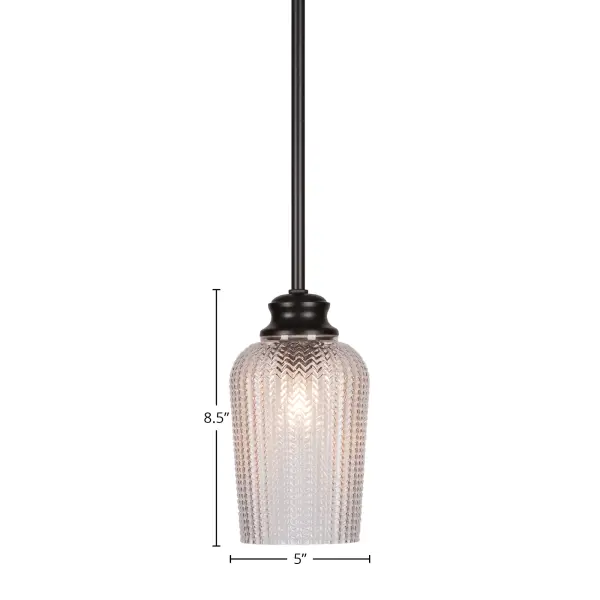 The Cordova pendant combines industrial charm with contemporary style in a compact 5-inch design. Its matte black finish and textured glass create visual interest while the adjustable stem allows customization for various ceiling heights. - alternate view