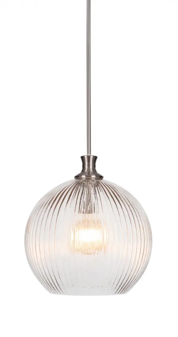 The Carina pendant combines brushed nickel sophistication with distinctive micro bubble ribbed glass for visual interest. Its adjustable stem system and included LED bulb make it a practical choice for various ceiling heights.