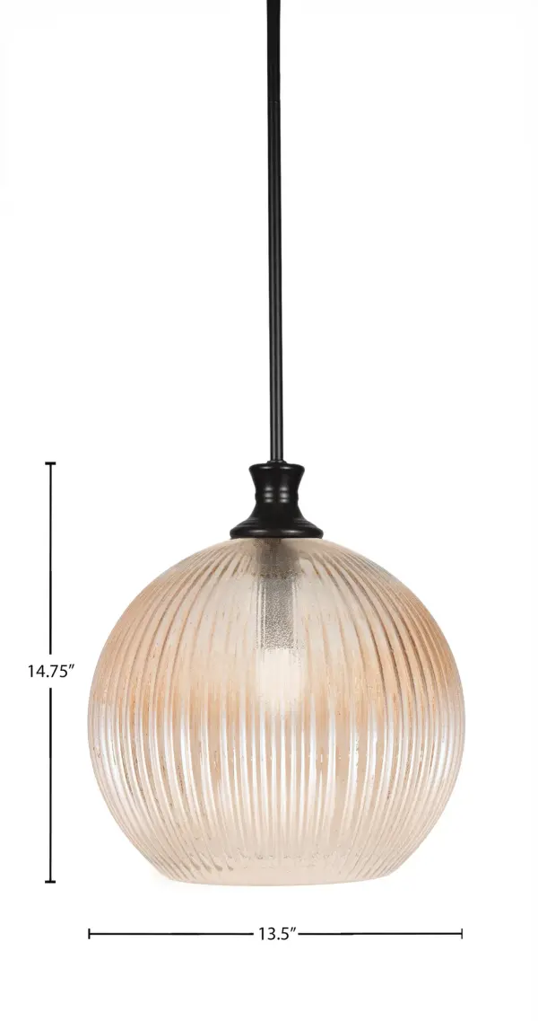This striking pendant combines sleek matte black hardware with a dramatic 13.75-inch amber micro bubble ribbed glass shade. The textured glass creates a warm, captivating glow perfect for modern and industrial spaces. - alternate view