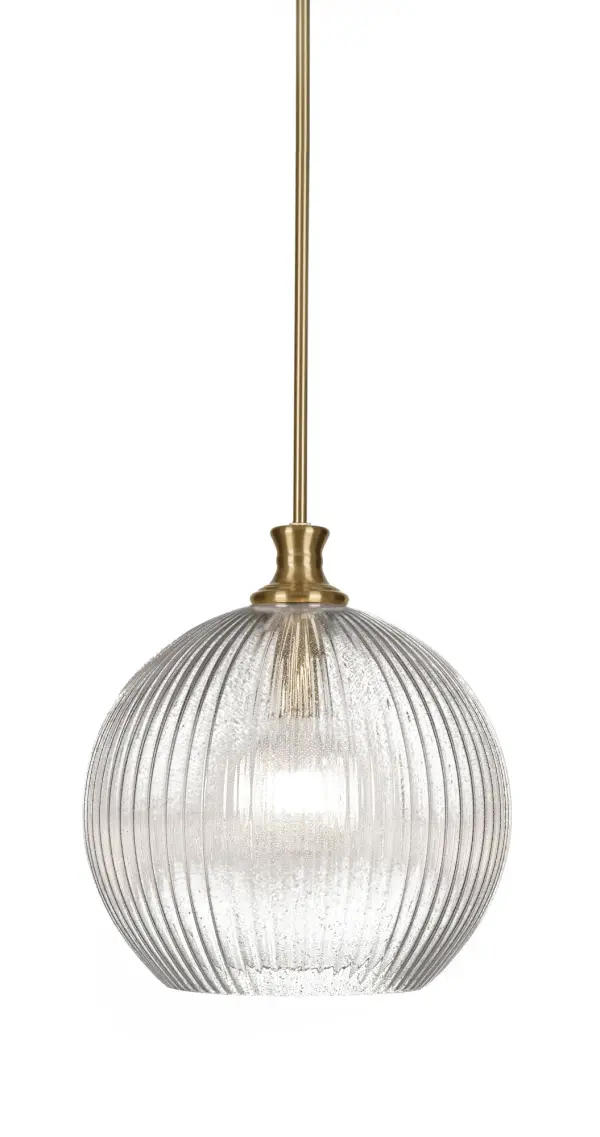 The Carina pendant combines modern sophistication with practical versatility. Its micro bubble ribbed glass shade creates beautiful light diffusion while the New Age Brass finish adds warmth to contemporary spaces.