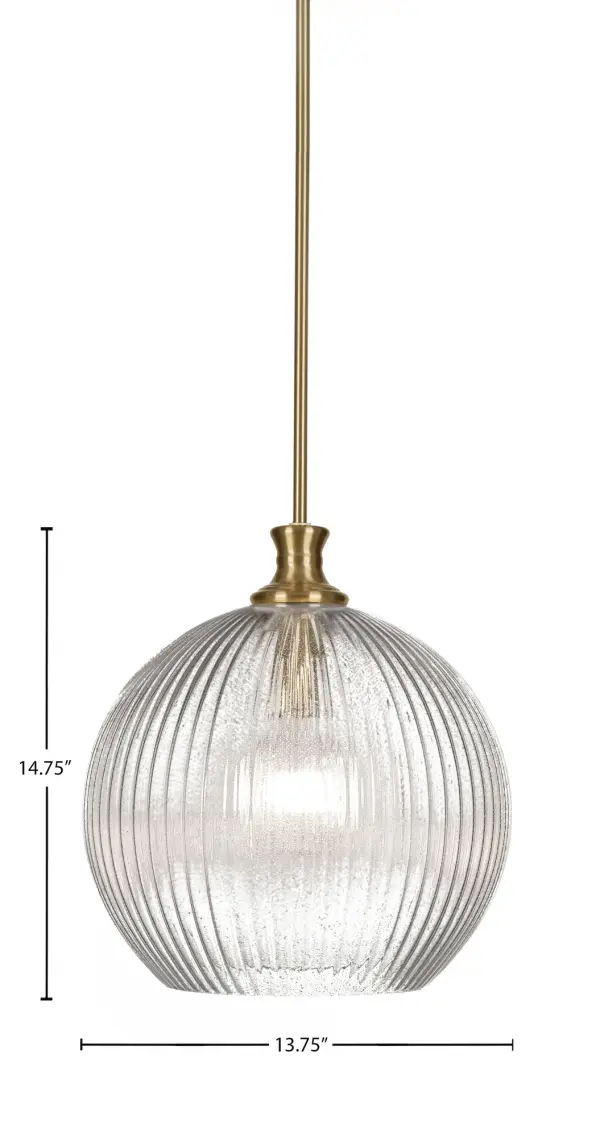 The Carina pendant combines modern sophistication with practical versatility. Its micro bubble ribbed glass shade creates beautiful light diffusion while the New Age Brass finish adds warmth to contemporary spaces. - alternate view