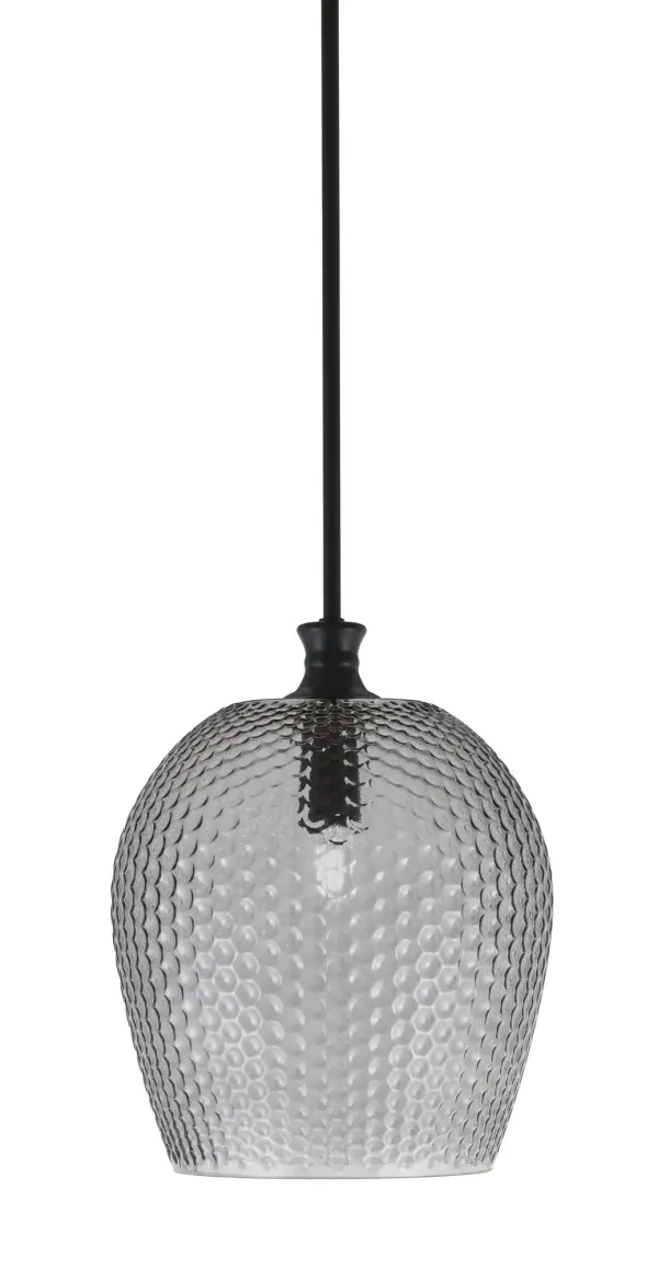 The Zola pendant combines a sleek matte black finish with distinctive smoke textured glass, creating sophisticated ambiance in smaller spaces. Its adjustable height and compact 12-inch diameter make it versatile for various applications.