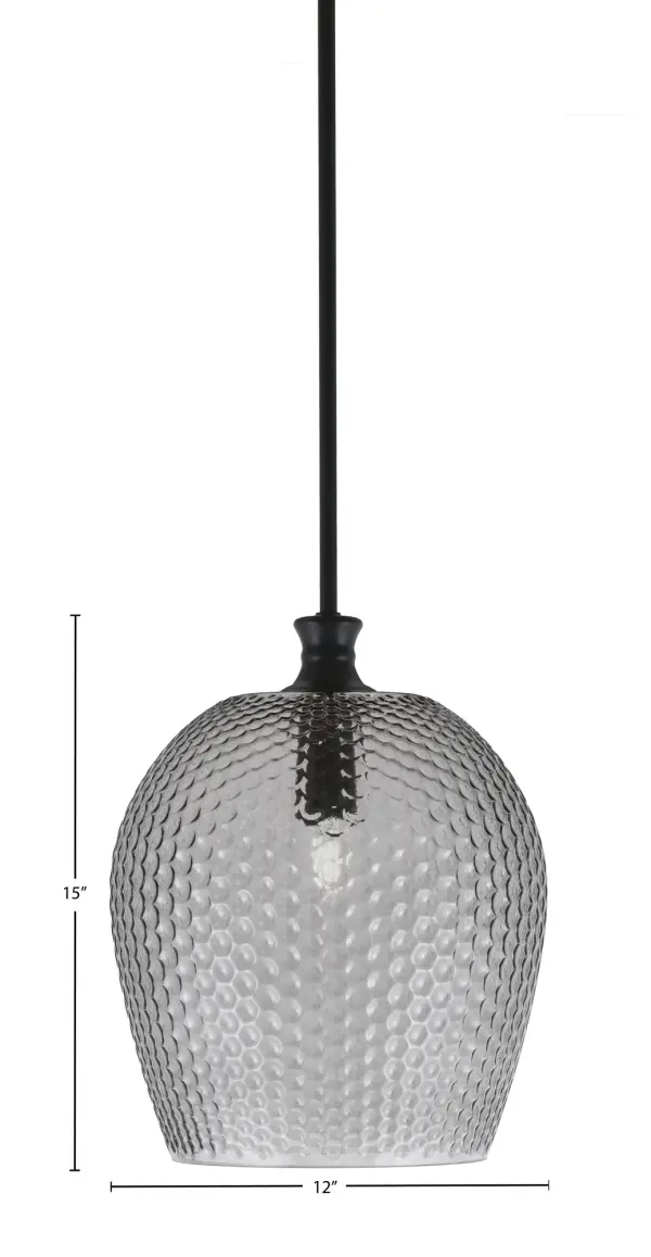 The Zola pendant combines a sleek matte black finish with distinctive smoke textured glass, creating sophisticated ambiance in smaller spaces. Its adjustable height and compact 12-inch diameter make it versatile for various applications. - alternate view
