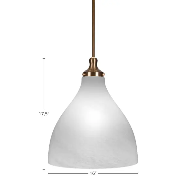 The Juno pendant combines sophisticated New Age Brass finish with a 16" white marble glass shade for warm, inviting illumination. Adjustable stem height and sloped ceiling compatibility make it versatile for various spaces. - alternate view