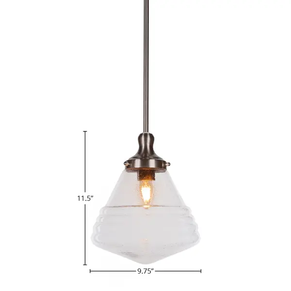 The Juno pendant combines a sleek brushed nickel finish with eye-catching clear bubble glass for a contemporary look that works in multiple settings. Its adjustable stem system and compact 10-inch diameter make it ideal for kitchen islands, dining areas, and smaller spaces. - alternate view
