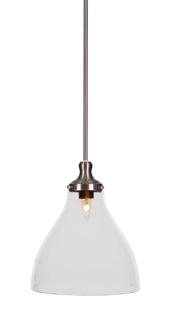 The Juno pendant combines contemporary style with versatile functionality. Its brushed nickel finish and distinctive clear bubble glass create visual interest while the adjustable stem height accommodates various ceiling configurations.