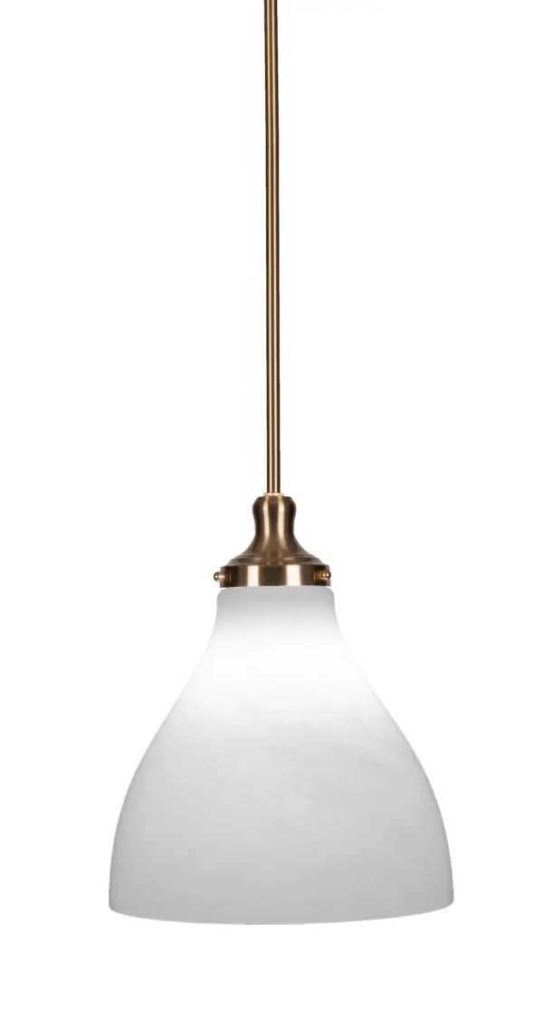 The Juno pendant combines timeless brass finish with sophisticated white marble glass for versatile lighting. Adjustable stem height accommodates various ceiling heights and sloped ceilings, making it ideal for kitchens, dining areas, and entryways.