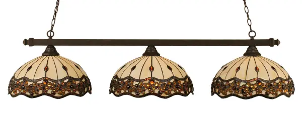 This 56-inch linear bar fixture combines sophisticated Dark Granite finish with beautiful Roman Jewel art glass shades. Perfect for kitchen islands and dining tables, it provides ample illumination while serving as a striking focal point.