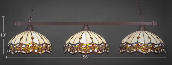 This 56-inch linear bar fixture combines sophisticated Dark Granite finish with beautiful Roman Jewel art glass shades. Perfect for kitchen islands and dining tables, it provides ample illumination while serving as a striking focal point. - alternate view