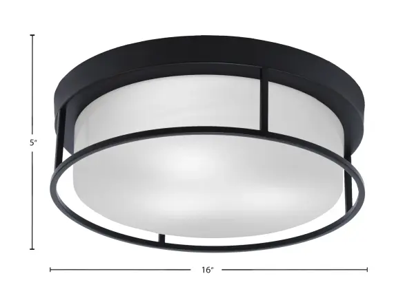 This 16-inch flush mount combines modern matte black styling with sophisticated white marble glass for soft, even illumination. Perfect for rooms with standard ceiling heights where a low-profile fixture is needed. - alternate view