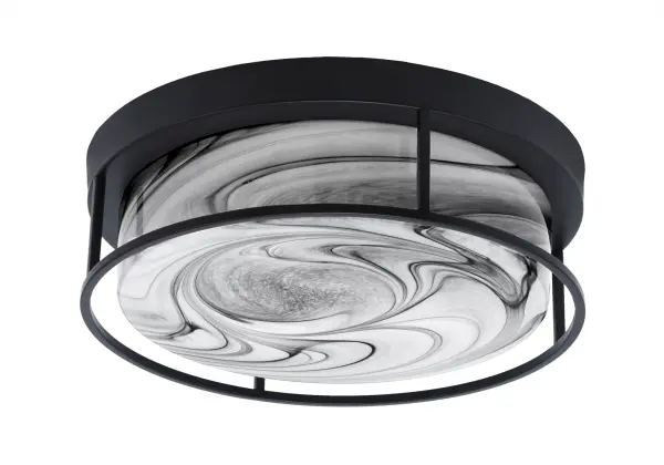 This 16-inch flush mount combines a sleek matte black finish with beautiful onyx swirl glass, creating sophisticated ambient lighting perfect for rooms with standard ceiling heights. ETL listed for safety.