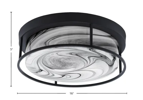 This 16-inch flush mount combines a sleek matte black finish with beautiful onyx swirl glass, creating sophisticated ambient lighting perfect for rooms with standard ceiling heights. ETL listed for safety. - alternate view