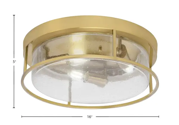 This 16-inch flush mount combines sophisticated New Age Brass finish with unique bubble glass texture for a captivating lighting experience. Perfect for low-ceiling spaces, it provides bright, diffused illumination. - alternate view