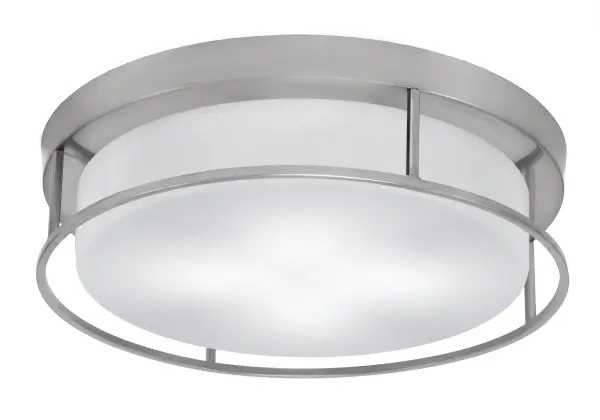 This contemporary flush mount combines a refined brushed nickel finish with white marble glass for a sophisticated look. The 18-inch diameter provides ample illumination while the low 5.25-inch profile works perfectly for standard ceiling heights.