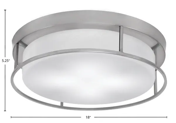 This contemporary flush mount combines a refined brushed nickel finish with white marble glass for a sophisticated look. The 18-inch diameter provides ample illumination while the low 5.25-inch profile works perfectly for standard ceiling heights. - alternate view