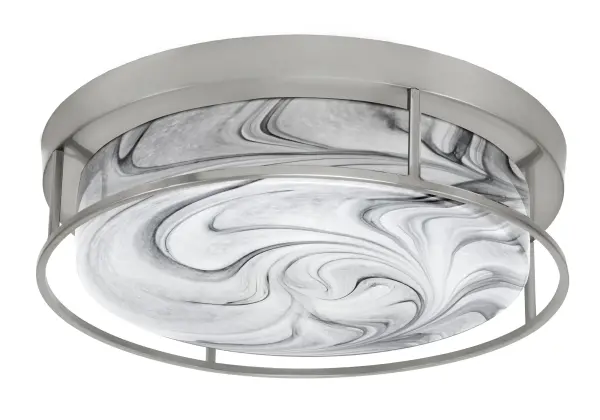 This 18" flush mount combines refined brushed nickel with luxurious onyx swirl glass, creating warm ambient lighting perfect for contemporary and transitional spaces. ETL listed and dimmable for versatile lighting control.
