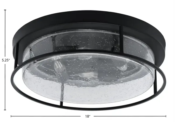 This 18-inch flush mount combines contemporary matte black styling with unique clear bubble glass for a striking visual effect. The four-bulb configuration provides ample illumination while the textured glass creates captivating light patterns. Perfect for spaces with standard ceiling heights where style meets function. - alternate view