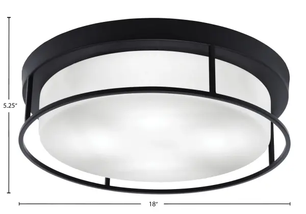 This 18-inch flush mount combines modern matte black styling with classic white marble glass for versatile appeal. The four-bulb configuration provides ample illumination while the low 5.25-inch profile suits standard ceiling heights perfectly. - alternate view