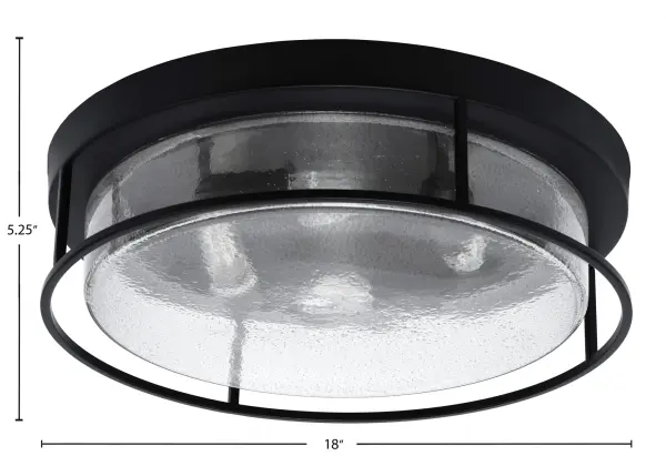 This 18-inch flush mount combines sleek matte black finish with unique smoke bubble glass for contemporary spaces. The low-profile design works perfectly in rooms with standard ceiling heights while providing ambient lighting. - alternate view
