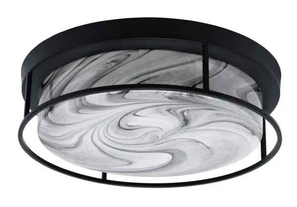 This elegant 4-light flush mount combines a sleek matte black finish with beautiful onyx swirl glass for a contemporary look. At 18" wide, it provides excellent illumination while maintaining a low 5.25" profile, perfect for standard ceiling heights.