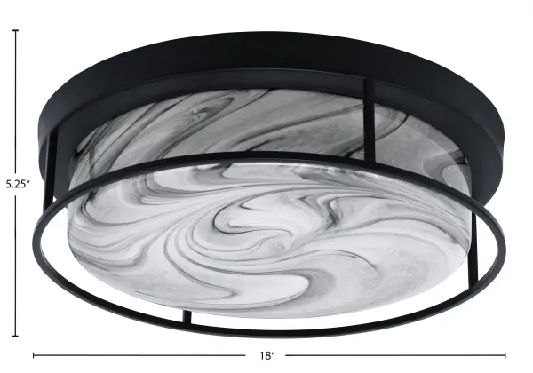This elegant 4-light flush mount combines a sleek matte black finish with beautiful onyx swirl glass for a contemporary look. At 18" wide, it provides excellent illumination while maintaining a low 5.25" profile, perfect for standard ceiling heights. - alternate view