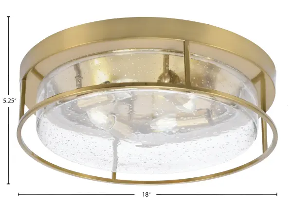 This 18-inch flush mount combines contemporary elegance with practical functionality. The New Age Brass finish adds warmth while the clear bubble glass creates captivating light diffusion and visual interest. - alternate view