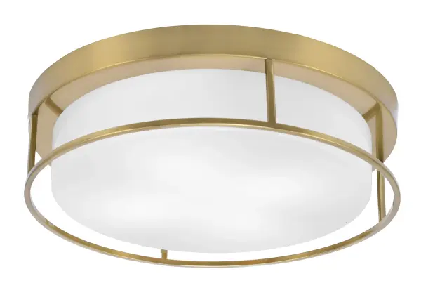 This 18-inch flush mount combines sophisticated New Age Brass finish with classic White Marble Glass for versatile elegance. Four-bulb design provides ample illumination while the low 5.25-inch profile suits standard ceilings perfectly.