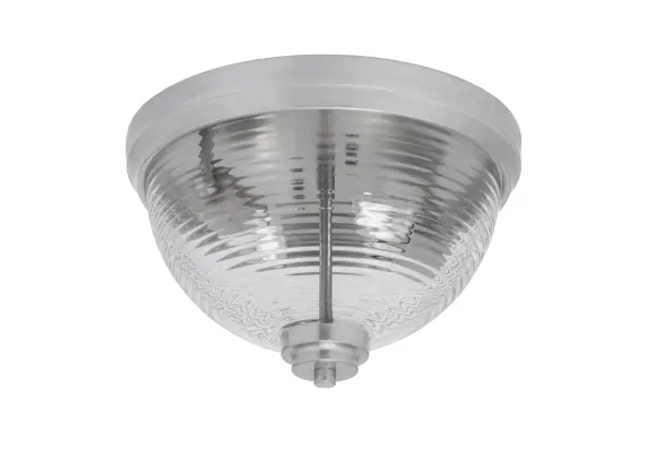 This 12-inch flush mount combines contemporary styling with practical functionality. The brushed nickel finish offers a sophisticated, neutral aesthetic while the clear ribbed glass creates visual interest through textured light diffusion.