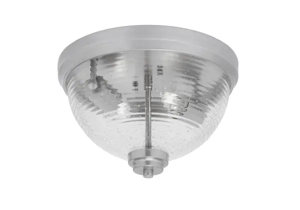 This compact 12-inch flush mount combines brushed nickel finish with distinctive ribbed bubble glass for a transitional look. Perfect for low-ceiling spaces, it provides ample illumination with 2 bulbs while maintaining a sleek profile.
