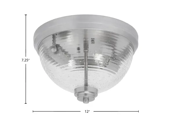 This compact 12-inch flush mount combines brushed nickel finish with distinctive ribbed bubble glass for a transitional look. Perfect for low-ceiling spaces, it provides ample illumination with 2 bulbs while maintaining a sleek profile. - alternate view