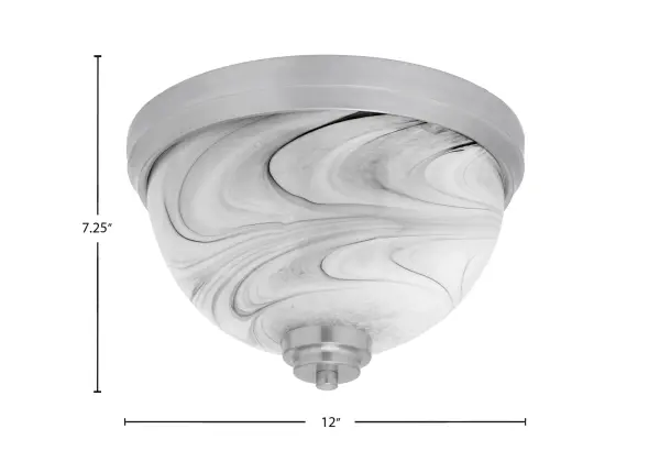 This 12-inch flush mount combines a sleek brushed nickel finish with distinctive onyx swirl glass, creating warm, diffused lighting perfect for smaller spaces. ETL listed and dimmable for versatile ambiance control. - alternate view
