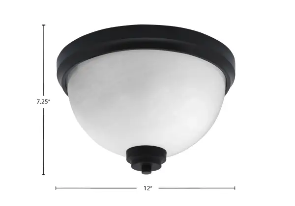 This 12-inch flush mount combines a sleek matte black finish with elegant white marble glass for soft, diffused lighting. Perfect for low-ceiling spaces, it delivers modern style with warm ambiance. - alternate view