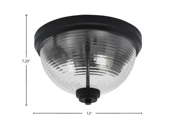This 12-inch flush mount combines contemporary matte black styling with textured ribbed glass for a sophisticated lighting solution. Perfect for spaces with lower ceilings, it provides bright, diffused illumination while adding visual interest through its distinctive glass pattern. - alternate view
