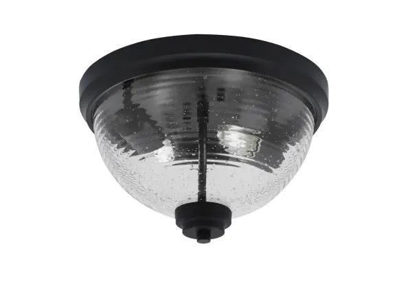 This 12-inch flush mount combines contemporary matte black finish with playful ribbed bubble glass for a unique lighting solution. Perfect for low-ceiling spaces, it provides bright diffused illumination with visual interest.