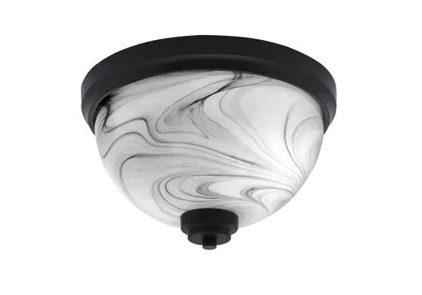 This 12-inch flush mount combines contemporary style with practical functionality. The matte black finish and onyx swirl glass create sophisticated visual interest while providing warm, diffused lighting for smaller spaces.