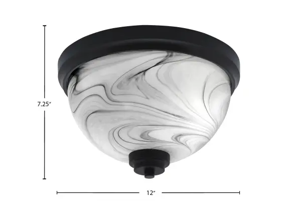 This 12-inch flush mount combines contemporary style with practical functionality. The matte black finish and onyx swirl glass create sophisticated visual interest while providing warm, diffused lighting for smaller spaces. - alternate view
