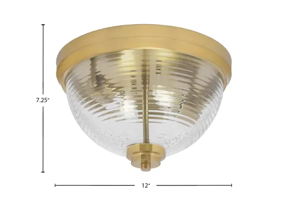 This 12" flush mount combines contemporary elegance with timeless appeal. The distinctive ribbed glass texture creates beautiful light diffusion while the New Age Brass finish adds warmth and sophistication to any space. - alternate view
