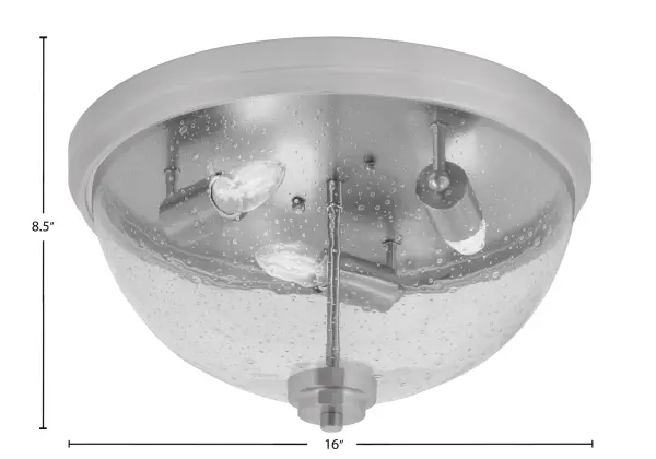 This 16-inch flush mount combines sophisticated bubble glass texture with a timeless brushed nickel finish. Perfect for medium-sized rooms with standard ceilings, it provides ample illumination through three bulbs while maintaining a low 8.5-inch profile. - alternate view