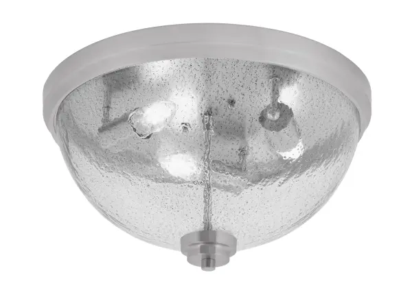 This 16" flush mount combines a sleek brushed nickel finish with distinctive smoke bubble glass for a contemporary look. Perfect for medium-sized rooms with standard ceilings, it provides warm ambient lighting while adding visual interest.