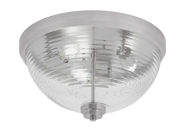 This 16-inch flush mount combines brushed nickel elegance with clear ribbed glass for brilliant illumination. Perfect for rooms with standard ceiling heights, it provides ample light while maintaining a low profile.