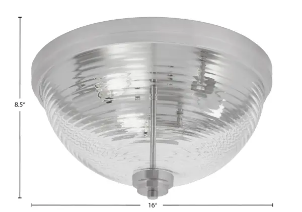This 16-inch flush mount combines brushed nickel elegance with clear ribbed glass for brilliant illumination. Perfect for rooms with standard ceiling heights, it provides ample light while maintaining a low profile. - alternate view