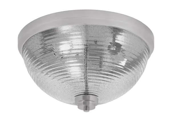 This 16-inch flush mount combines contemporary styling with practical illumination. The brushed nickel finish and smoke ribbed glass create visual interest while the low-profile design works perfectly in rooms with standard ceiling heights.