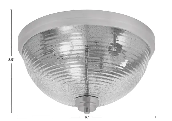 This 16-inch flush mount combines contemporary styling with practical illumination. The brushed nickel finish and smoke ribbed glass create visual interest while the low-profile design works perfectly in rooms with standard ceiling heights. - alternate view