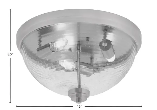 This 16-inch flush mount combines sophisticated brushed nickel with distinctive ribbed bubble glass for a refined look. Perfect for low-ceiling spaces, it provides ample illumination while adding visual interest through its textured shade. - alternate view