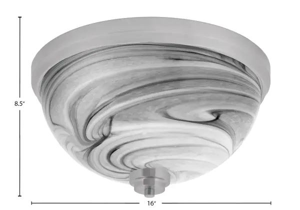 This 16-inch flush mount combines brushed nickel elegance with beautiful onyx swirl glass that softens light beautifully. Perfect for rooms with standard ceiling heights, it provides warm ambient lighting while maintaining a low profile. - alternate view