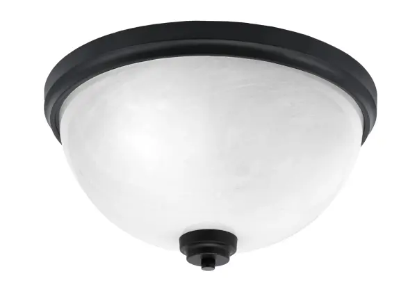 This 16-inch flush mount combines classic white marble glass with contemporary matte black finish, creating a versatile lighting solution perfect for low-ceiling spaces. Three-bulb design provides ample illumination.