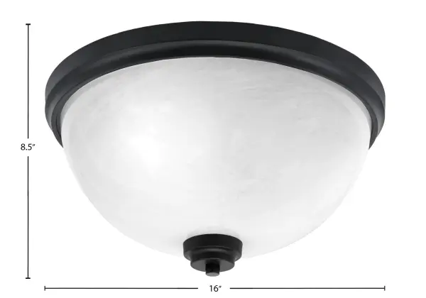 This 16-inch flush mount combines classic white marble glass with contemporary matte black finish, creating a versatile lighting solution perfect for low-ceiling spaces. Three-bulb design provides ample illumination. - alternate view